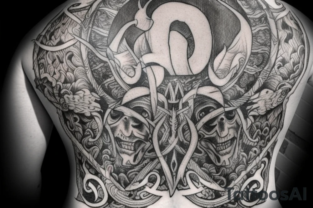 full male back tattoo. symbolims: devil met the god in the middle of the sea and had a dispute. must be full of details, ancient baltic symbols tattoo idea