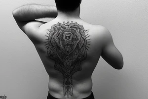 full male back tattoo. Male is fit 192 cm tall. 
Tattoo must be symetrical. must include opposites and unification of them. story must be in 3 parts. shadowing minimal. drama tragedy happy ending tattoo idea