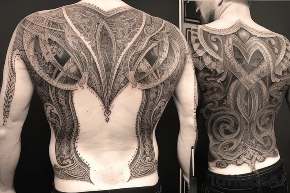 full male back tattoo. Male is slim fit 192 cm tall. 
Tattoo must be made out of 9 different element. They must be in the same style. must tell a story. one of the tattoos is written in gothic style and the lettering is "Pavasaris". put these letters already on the back, in the middle between shoulders. you have to create composition for 8 tattoos and also the design. tattoo idea