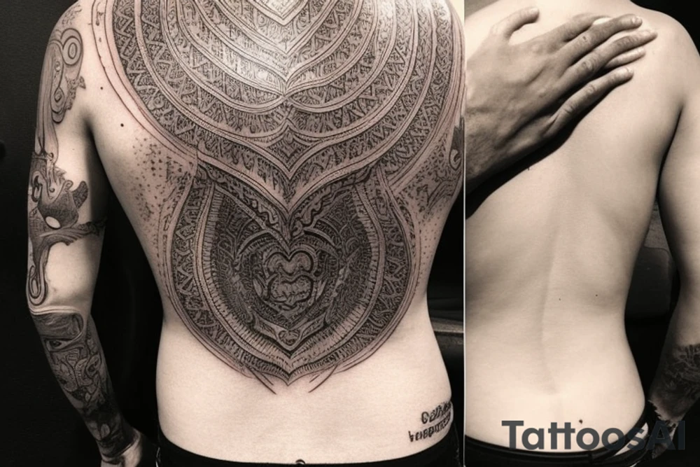 full male back tattoo. Male is slim fit 192 cm tall. 
Tattoo must be made out of 9 different element. They must be in the same style. must tell a story. one of the tattoos is written in gothic style and the lettering is "Pavasaris". put these letters already on the back, in the middle between shoulders. you have to create composition for 8 tattoos and also the design. tattoo idea