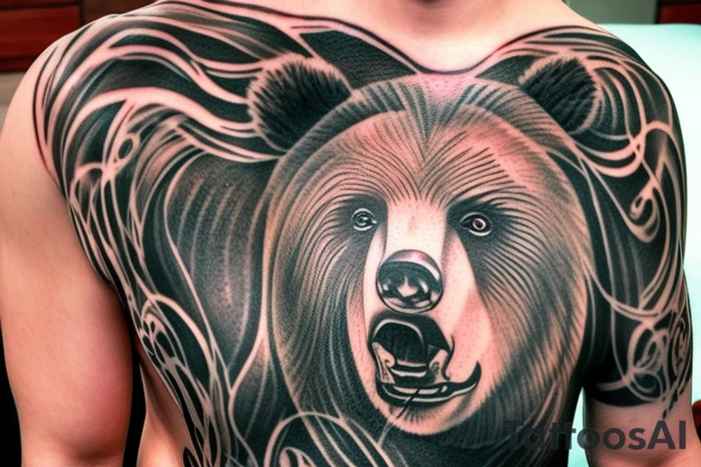 Create a digital image of a tattoo on the left chest area above the nipple. The tattoo should feature a realistic depiction of a bear walking along a mountain stream. The bear should be rendered with a peaceful and calm demeanor, with every strand of fur and muscle visible in the design.

The stream in the foreground of the design should be crystal-clear, with rocks and pebbles visible on the bottom. The water should flow around the bear's feet, creating a sense of movement and energy in the design.

In the background of the tattoo, towering snow-capped mountains should be visible, with their peaks obscured by a light mist. The trees of the forest should stretch up towards the sky, their leaves rustling in the breeze.

The colors used in the design should mainly be earth tones, with various shades of brown, green, and blue. The shading and highlights in the design should help to create a sense of depth and three-dimensionality, making the bear and the landscape look as if they are really there.

The image should be created in a realistic style, with attention to detail in the bear's fur and the texture of the rocks and trees. The final image should convey a sense of peace and tranquility, with the bear and the natural surroundings coming together to create a harmonious and beautiful scene. tattoo idea