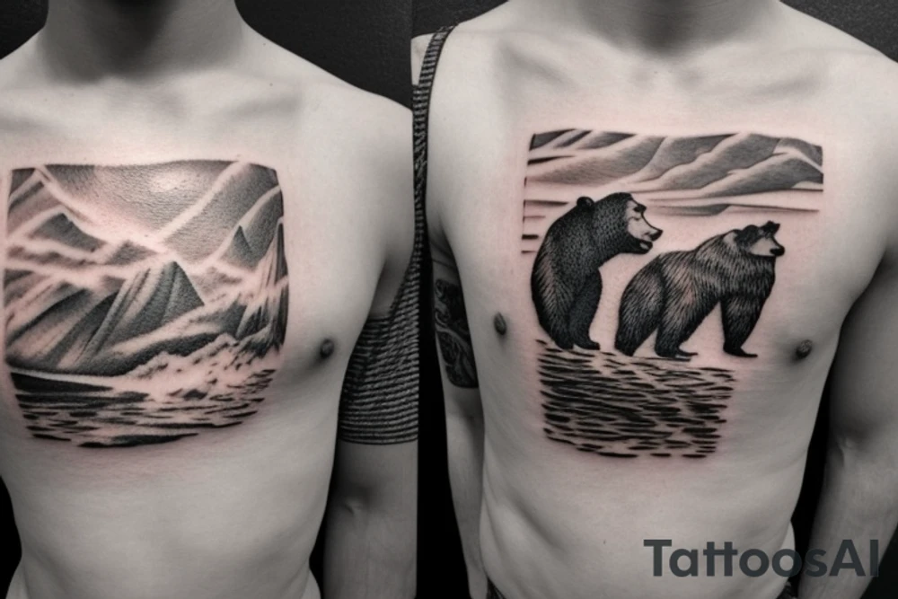 Create a digital image of a tattoo on the left chest area above the nipple. The tattoo should feature a realistic depiction of a bear walking along a mountain stream. The bear should be rendered with a peaceful and calm demeanor, with every strand of fur and muscle visible in the design.

The stream in the foreground of the design should be crystal-clear, with rocks and pebbles visible on the bottom. The water should flow around the bear's feet, creating a sense of movement and energy in the design.

In the background of the tattoo, towering snow-capped mountains should be visible, with their peaks obscured by a light mist. The trees of the forest should stretch up towards the sky, their leaves rustling in the breeze.

The colors used in the design should mainly be earth tones, with various shades of brown, green, and blue. The shading and highlights in the design should help to create a sense of depth and three-dimensionality, making the bear and the landscape look as if they are really there.

The image should be created in a realistic style, with attention to detail in the bear's fur and the texture of the rocks and trees. The final image should convey a sense of peace and tranquility, with the bear and the natural surroundings coming together to create a harmonious and beautiful scene. tattoo idea