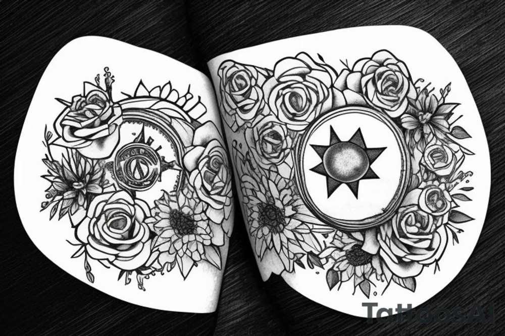 Flowers with a book. Above the book there is a star with planets. tattoo idea