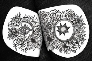 Flowers with a book. Above the book there is a star with planets. tattoo idea