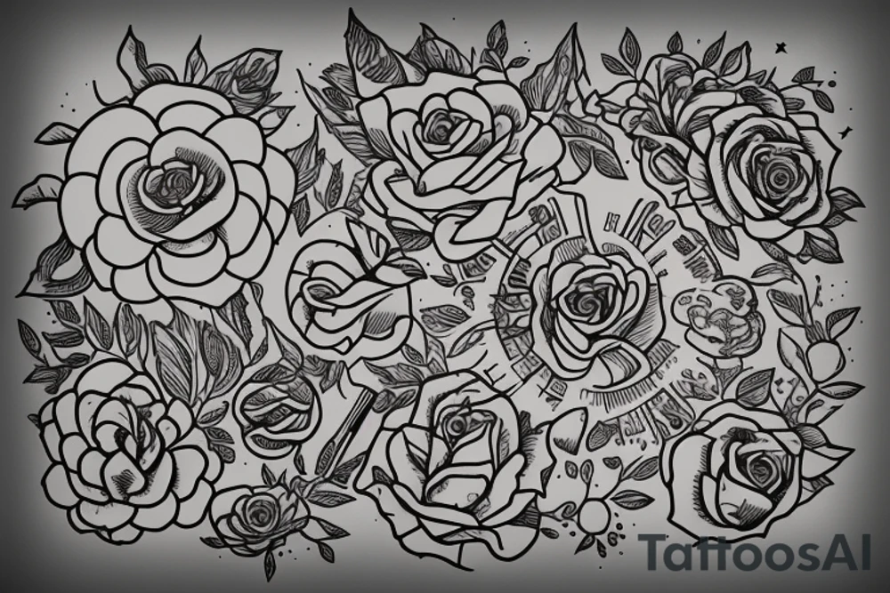 Flowers with a book. Above the book there is a star with planets. tattoo idea