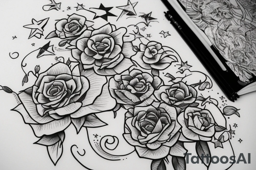 Flowers with a book. Above the book there is a star with planets. tattoo idea