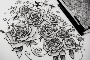 Flowers with a book. Above the book there is a star with planets. tattoo idea