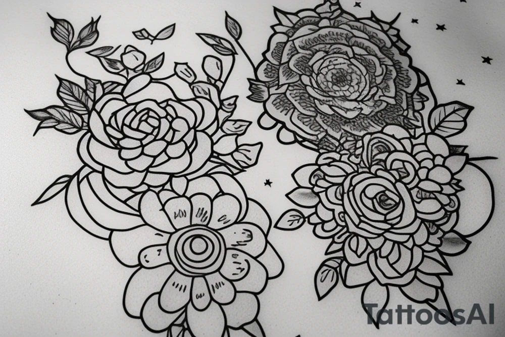 Flowers with a book. Above the book there is a star with planets. tattoo idea