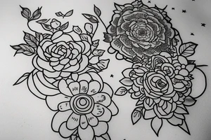 Flowers with a book. Above the book there is a star with planets. tattoo idea