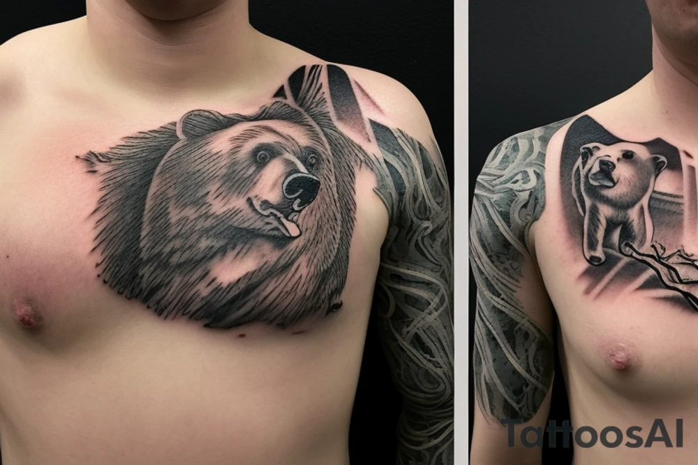 Create a digital image of a tattoo on the left chest area above the nipple. The tattoo should feature a realistic depiction of a bear walking along a mountain stream. The bear should be rendered with a peaceful and calm demeanor, with every strand of fur and muscle visible in the design.

The stream in the foreground of the design should be crystal-clear, with rocks and pebbles visible on the bottom. The water should flow around the bear's feet, creating a sense of movement and energy in the design.

In the background of the tattoo, towering snow-capped mountains should be visible, with their peaks obscured by a light mist. The trees of the forest should stretch up towards the sky, their leaves rustling in the breeze.

The colors used in the design should mainly be earth tones, with various shades of brown, green, and blue. The shading and highlights in the design should help to create a sense of depth and three-dimensionality, making the bear and the landscape look as if they are really there.

The image should be created in a realistic style, with attention to detail in the bear's fur and the texture of the rocks and trees. The final image should convey a sense of peace and tranquility, with the bear and the natural surroundings coming together to create a harmonious and beautiful scene. tattoo idea