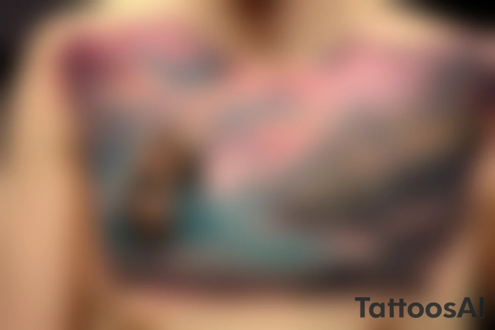 Create a digital image of a tattoo on the left chest area above the nipple. The tattoo should feature a realistic depiction of a bear walking along a mountain stream. The bear should be rendered with a peaceful and calm demeanor, with every strand of fur and muscle visible in the design.

The stream in the foreground of the design should be crystal-clear, with rocks and pebbles visible on the bottom. The water should flow around the bear's feet, creating a sense of movement and energy in the design.

In the background of the tattoo, towering snow-capped mountains should be visible, with their peaks obscured by a light mist. The trees of the forest should stretch up towards the sky, their leaves rustling in the breeze.

The colors used in the design should mainly be earth tones, with various shades of brown, green, and blue. The shading and highlights in the design should help to create a sense of depth and three-dimensionality, making the bear and the landscape look as if they are really there.

The image should be created in a realistic style, with attention to detail in the bear's fur and the texture of the rocks and trees. The final image should convey a sense of peace and tranquility, with the bear and the natural surroundings coming together to create a harmonious and beautiful scene. tattoo idea