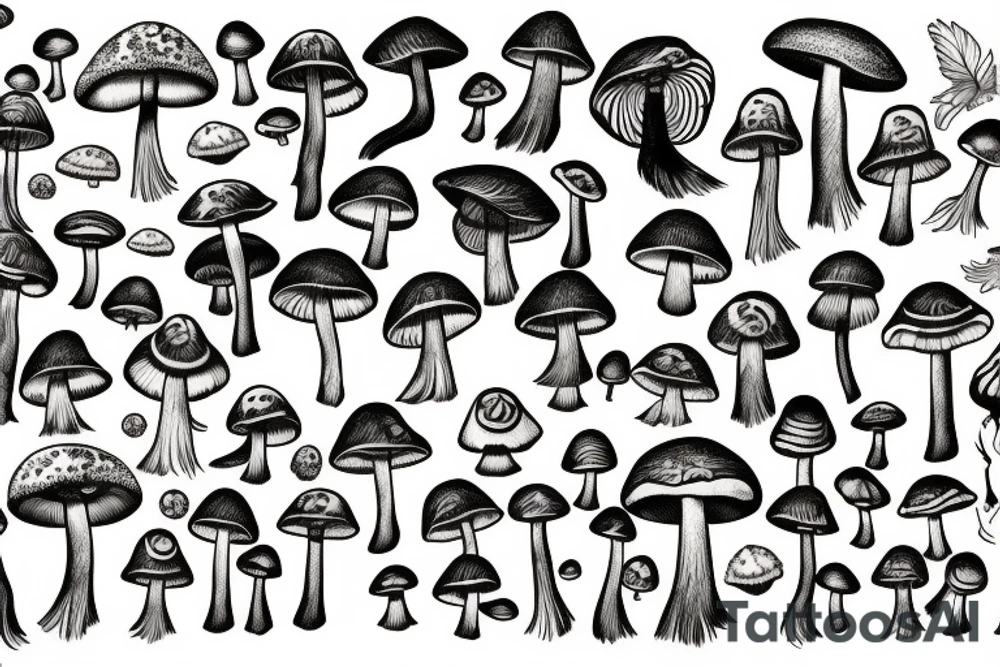 Mushroom mountain trees animals tattoo idea