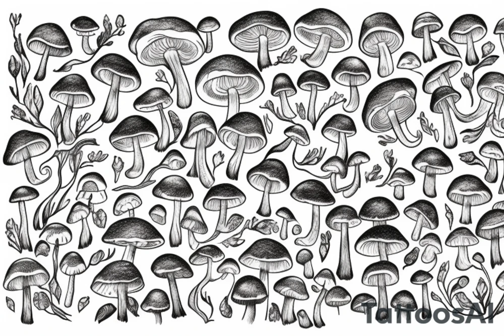 Looking down a trail in a magical Forrest covered in mushrooms tattoo idea