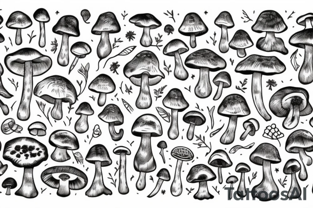 Looking down a trail in a magical Forrest covered in mushrooms tattoo idea