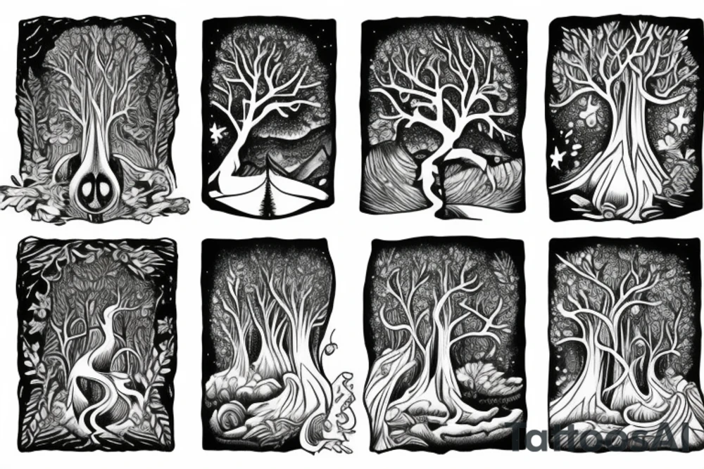 Looking down a trail in a magical trees forrest tattoo idea