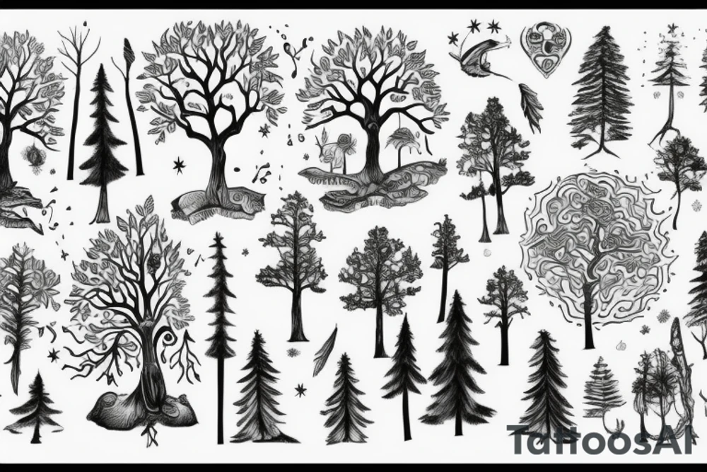 Looking down a trail in a magical trees forrest tattoo idea