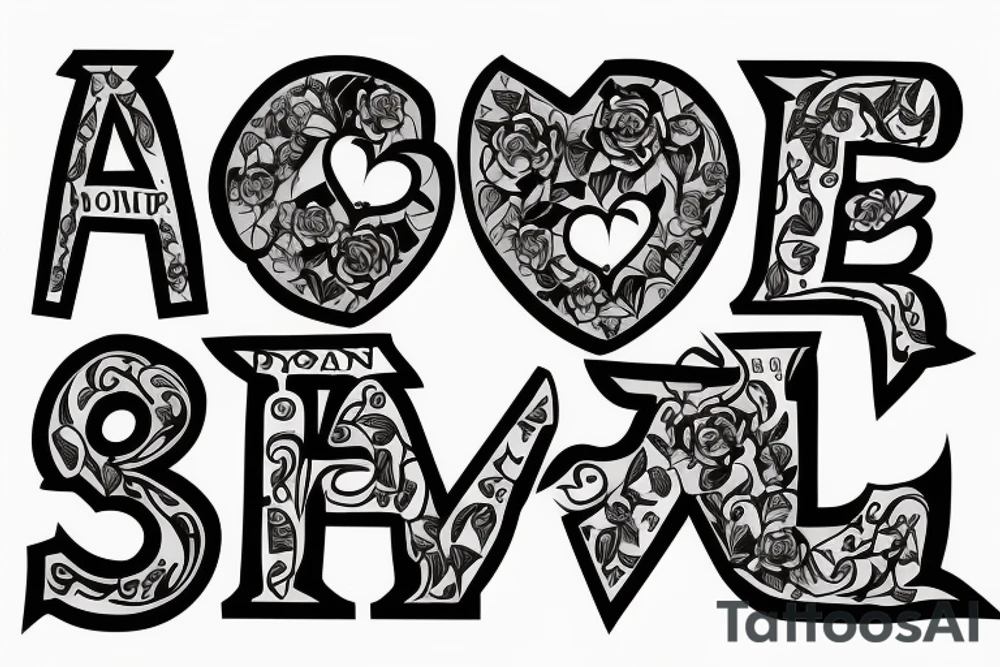 Heart picture, letter P, letter D, letter V, word LOVE tattoo idea