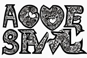 Heart picture, letter P, letter D, letter V, word LOVE tattoo idea