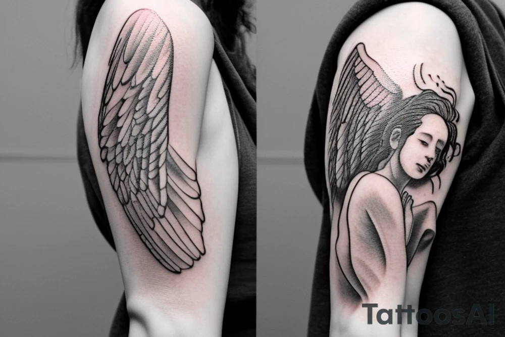 Create a digital image of a tattoo on the upper half of the upper left arm. The tattoo should feature a realistic photo of a woman in a position of the sculpture of the thinker from Rodin.

Details of the woman's appearance are in particular her long straight dark hair and open green eyes. The arms are completely covered by angel wings sprung from the back. The female body should be slim and young, The woman looks to the left side. 

The angel wings should consist of detailed feathers and be in the center in bright white. The feathers on the edge are said to be tinted a light gray to create a visual pollution effect, which is emblematic of environmental pollution and habitat destruction.

Creating a sense of philosophical thought and sadness at the disconnect between ethics and reality in design.

The colors used in the design should be mainly light shades of white, with varying shades of gray towards the edges and shades of black for the edges. Shading and highlights in the design should help create a sense of depth and three-dimensionality.

The image should be created realistically, with great attention to detail in the green colored eyes and in the wings. tattoo idea