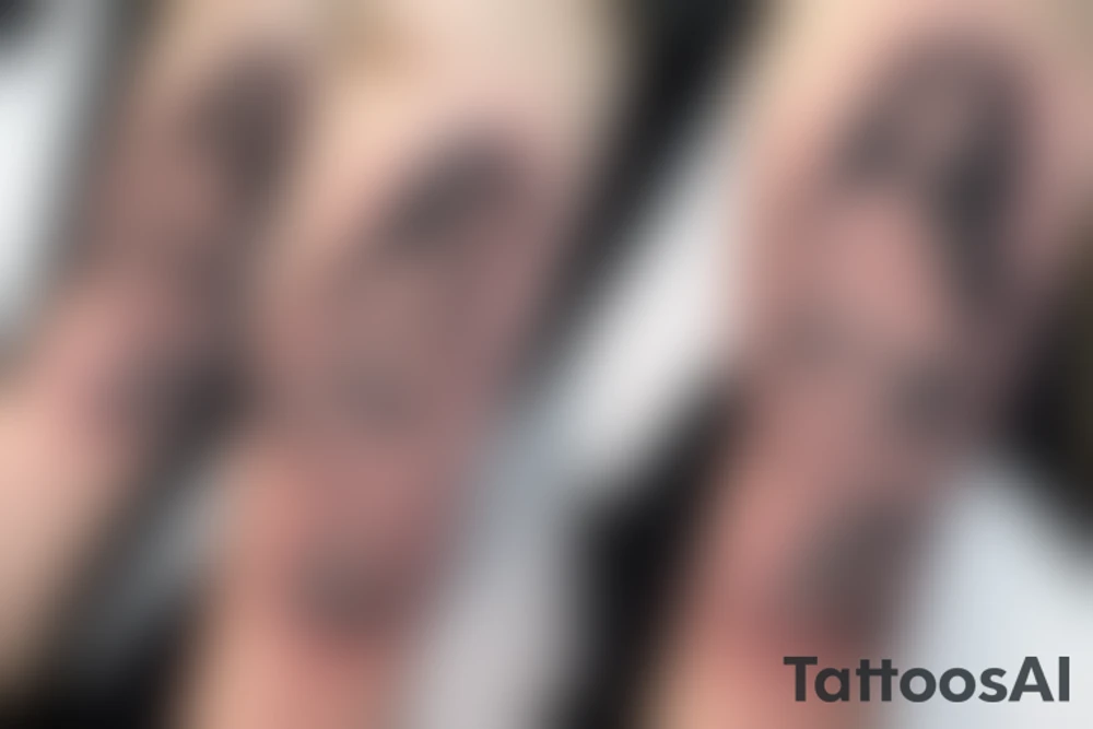 Create a digital image of a tattoo on the upper half of the upper left arm. The tattoo should feature a realistic photo of a woman in a position of the sculpture of the thinker from Rodin.

Details of the woman's appearance are in particular her long straight dark hair and open green eyes. The arms are completely covered by angel wings sprung from the back. The female body should be slim and young, The woman looks to the left side. 

The angel wings should consist of detailed feathers and be in the center in bright white. The feathers on the edge are said to be tinted a light gray to create a visual pollution effect, which is emblematic of environmental pollution and habitat destruction.

Creating a sense of philosophical thought and sadness at the disconnect between ethics and reality in design.

The colors used in the design should be mainly light shades of white, with varying shades of gray towards the edges and shades of black for the edges. Shading and highlights in the design should help create a sense of depth and three-dimensionality.

The image should be created realistically, with great attention to detail in the green colored eyes and in the wings. tattoo idea