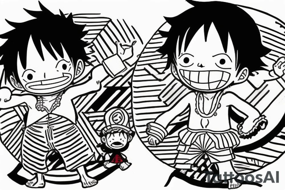 Baby Luffy and Baby Ace from One piece that cheers With a plate of sake tattoo idea