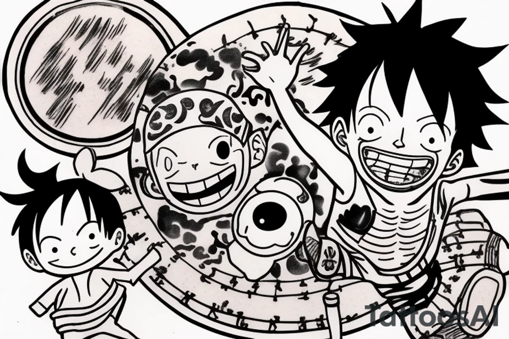 Baby Luffy and Baby Ace from One piece that cheers With a plate of sake tattoo idea