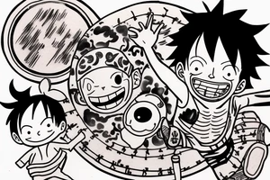 Baby Luffy and Baby Ace from One piece that cheers With a plate of sake tattoo idea