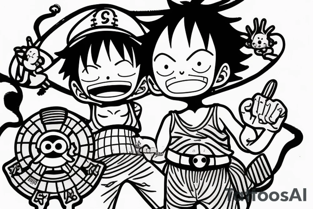 Baby Luffy and Baby Ace from One piece With sake tattoo idea