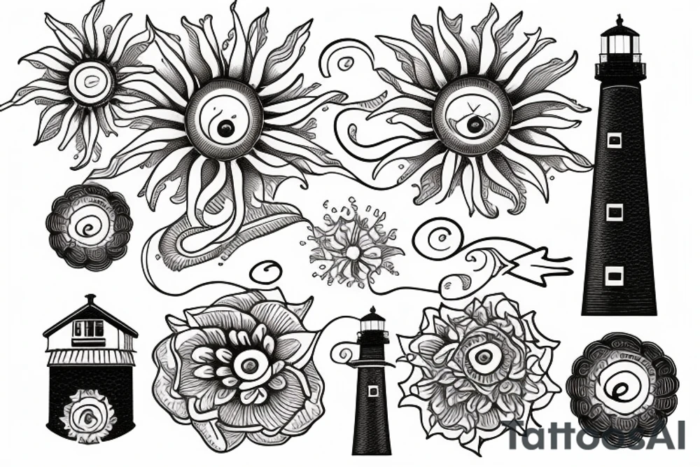 Lighthouse with a flower and sun tattoo idea