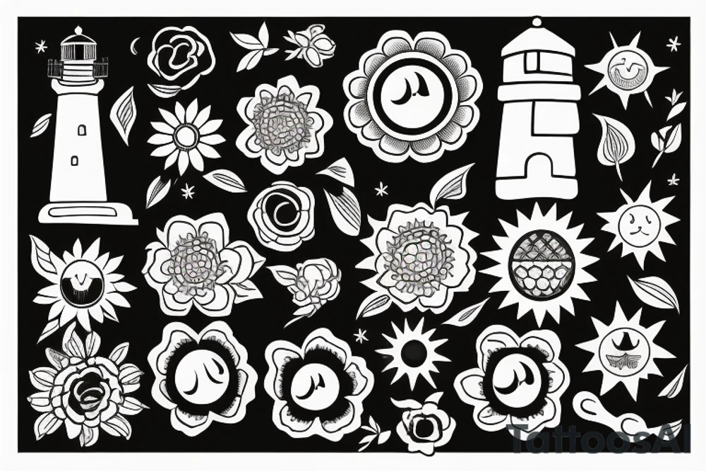 Lighthouse with a flower and sun tattoo idea