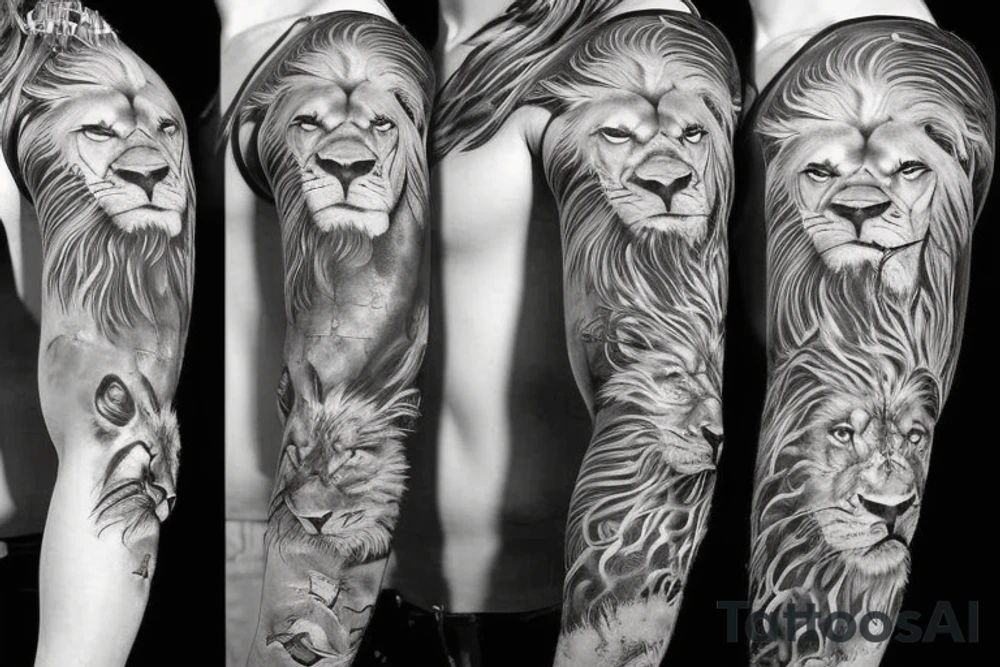 Sleeve with realistic eyes and a lion tattoo idea