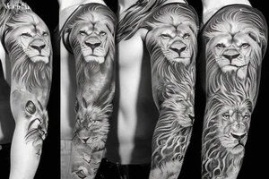 Sleeve with realistic eyes and a lion tattoo idea