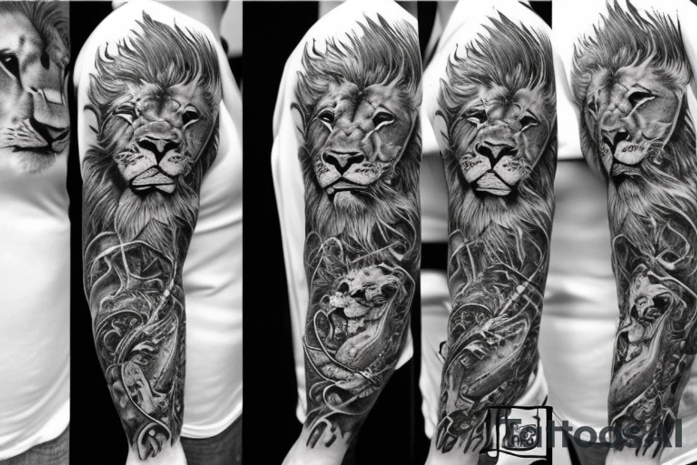 Sleeve with realistic eyes and a lion tattoo idea