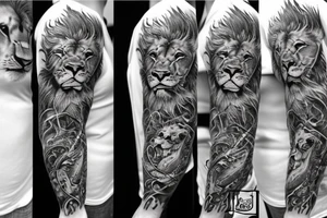 Sleeve with realistic eyes and a lion tattoo idea