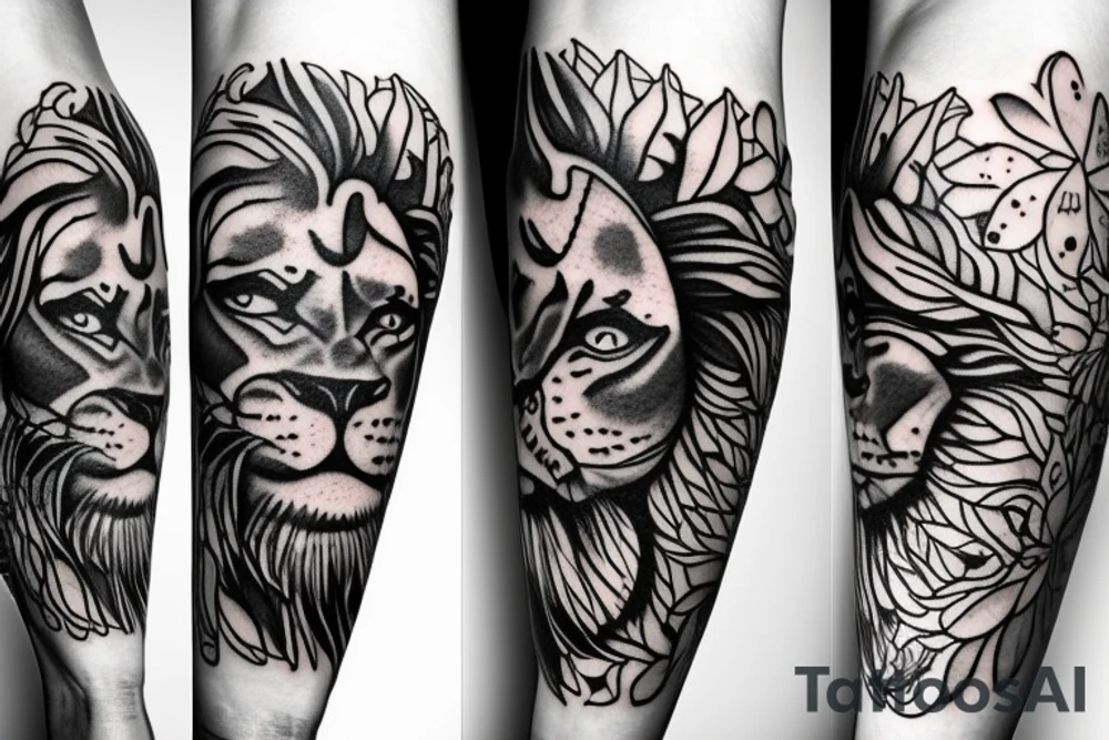 Sleeve with eye and a lion tattoo idea