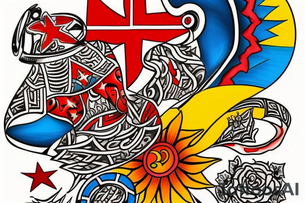 Design a tattoo that represents the rich culture of Cuba. Include symbols such as the flag, the sun, the beach, and the musical rhythms. I want the tattoo to be colourful and vibrant, capturing the essence of Cuban life and its friendly and welcoming people. tattoo idea