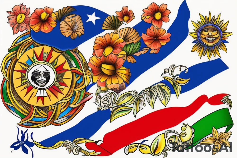 Design a tattoo that represents the rich culture of Cuba. Include symbols such as the flag, the sun, the beach, and the musical rhythms. I want the tattoo to be colourful and vibrant, capturing the essence of Cuban life and its friendly and welcoming people. tattoo idea