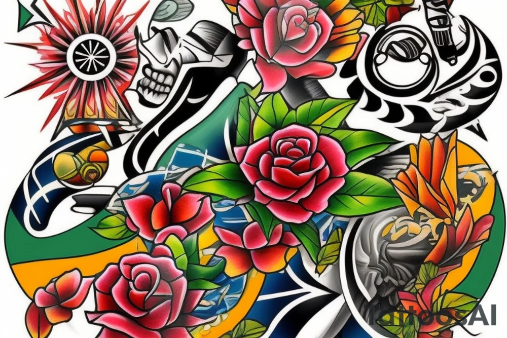 Design a tattoo that embodies the essence of Cuba. Incorporate elements such as the flag, the vibrant music and dance culture, the lush vegetation, and the classic cars that roam the streets. I want the tattoo to be colorful and energetic, capturing the passion and spirit of the Cuban people and their culture. tattoo idea
