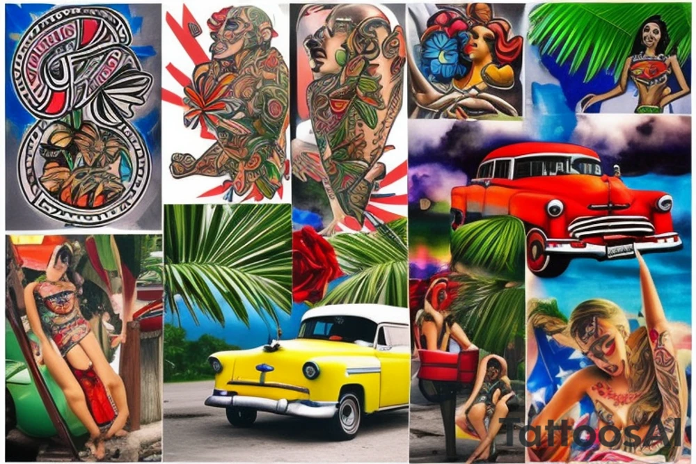 Design a tattoo that embodies the essence of Cuba. Incorporate elements such as the flag, the vibrant music and dance culture, the lush vegetation, and the classic cars that roam the streets. I want the tattoo to be colorful and energetic, capturing the passion and spirit of the Cuban people and their culture. tattoo idea