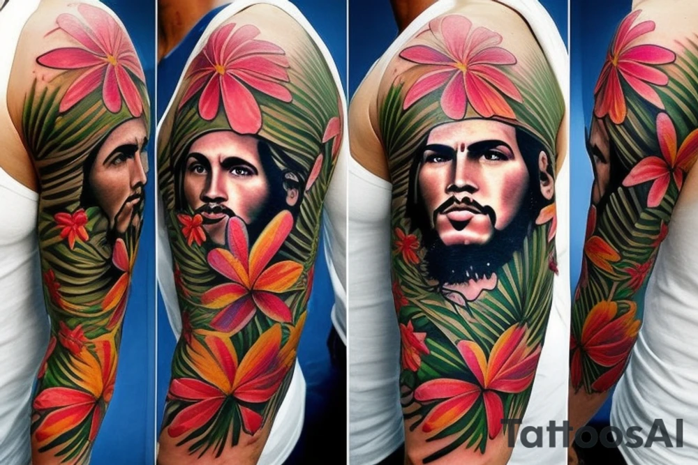 "Create a full sleeve tattoo that showcases the beauty and culture of Cuba. Use elements such as the colorful buildings of Havana, the iconic images of Che Guevara and Fidel Castro, the vibrant music and dance scene, and the classic cars that roam the streets. Incorporate lush tropical foliage and palm trees to bring a sense of paradise to the design. I want the tattoo to be bold, bright, and full of life, capturing the essence of Cuba's rich culture and history. tattoo idea