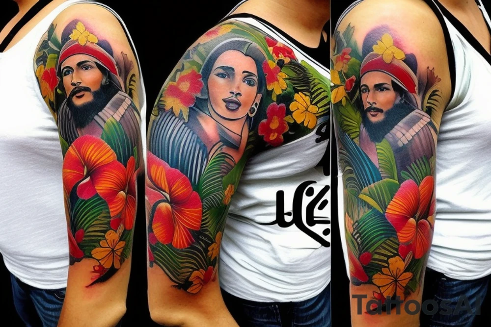 "Create a full sleeve tattoo that showcases the beauty and culture of Cuba. Use elements such as the colorful buildings of Havana, the iconic images of Che Guevara and Fidel Castro, the vibrant music and dance scene, and the classic cars that roam the streets. Incorporate lush tropical foliage and palm trees to bring a sense of paradise to the design. I want the tattoo to be bold, bright, and full of life, capturing the essence of Cuba's rich culture and history. tattoo idea