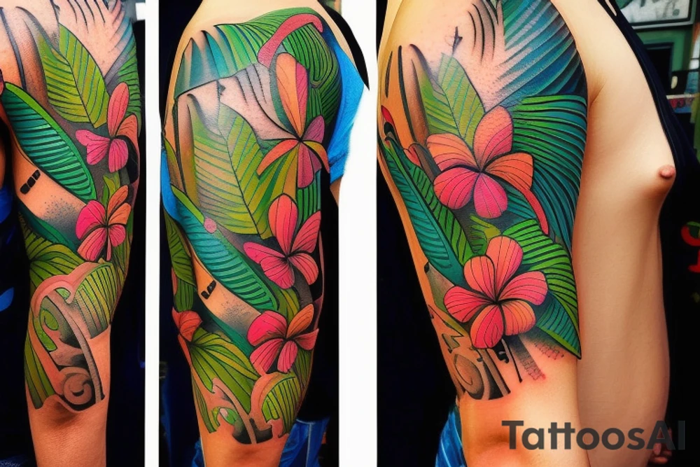 "Create a full sleeve tattoo that showcases the beauty and culture of Cuba. Use elements such as the colorful buildings of Havana, the vibrant music and dance scene, and the classic cars that roam the streets. Incorporate lush tropical foliage and palm trees to bring a sense of paradise to the design. I want the tattoo to be bold, bright, and full of life, capturing the essence of Cuba's rich culture and history. tattoo idea