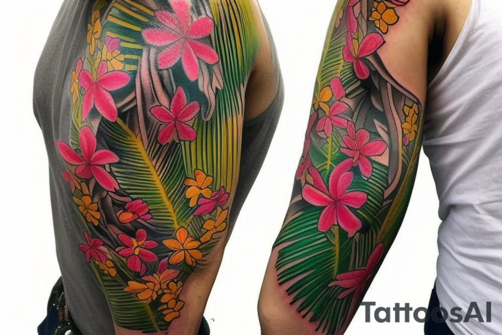 "Create a full sleeve tattoo that showcases the beauty and culture of Cuba. Use elements such as the colorful buildings of Havana, the vibrant music and dance scene, and the classic cars that roam the streets. Incorporate lush tropical foliage and palm trees to bring a sense of paradise to the design. I want the tattoo to be bold, bright, and full of life, capturing the essence of Cuba's rich culture and history. tattoo idea