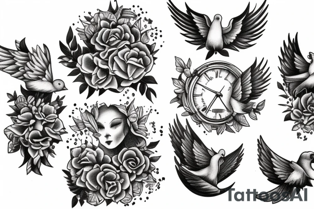 Full sleeve, heaven, doves, clouds, cherub tattoo idea