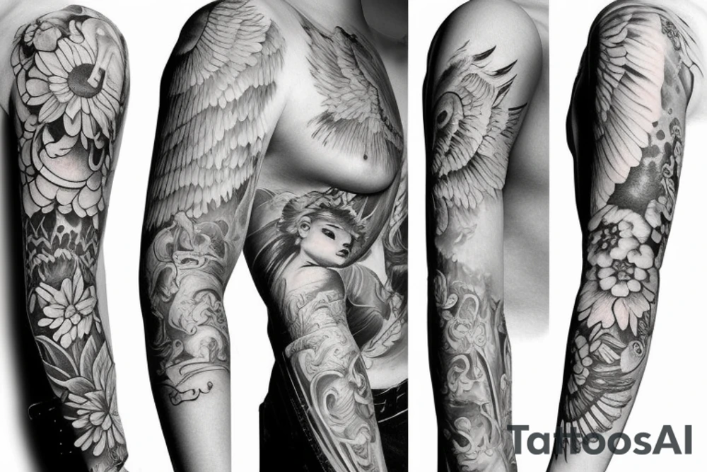 Full sleeve, heaven, doves, clouds, cherub tattoo idea