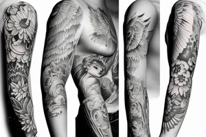 Full sleeve, heaven, doves, clouds, cherub tattoo idea