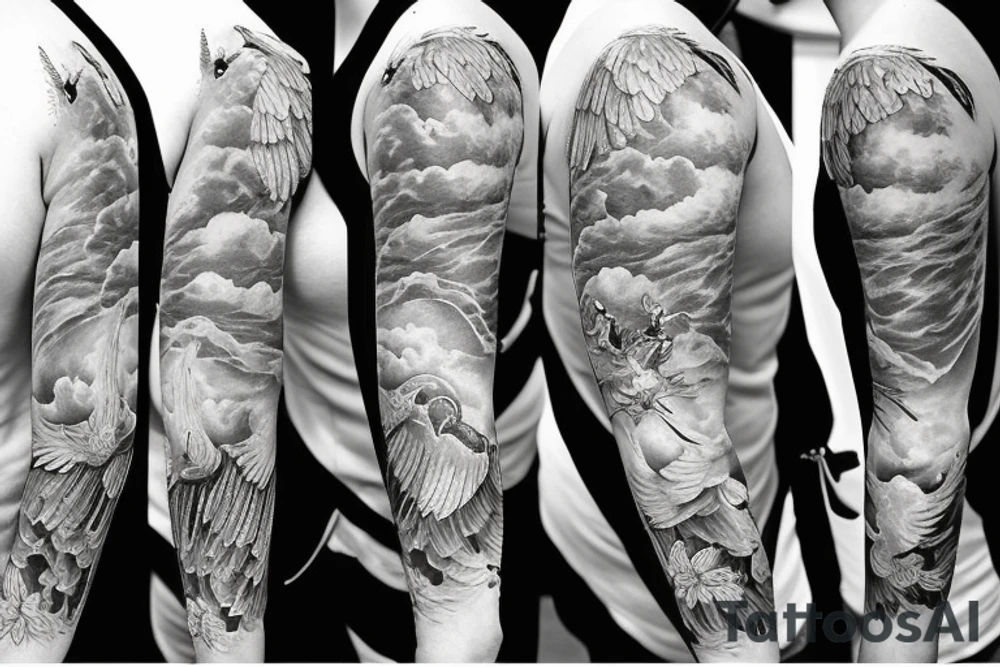 Full sleeve, gates of heaven, doves, clouds, lots of detailed shading tattoo idea