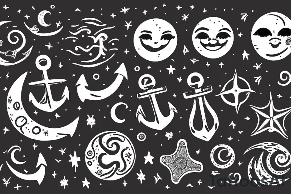 An Anchor, the sun, the moon, the stars, the sea, the wind, the waves tattoo idea