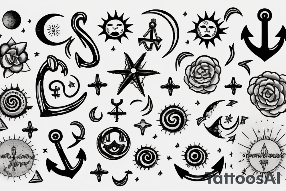 An Anchor, the sun, the moon, the stars, the sea, the wind, the waves tattoo idea