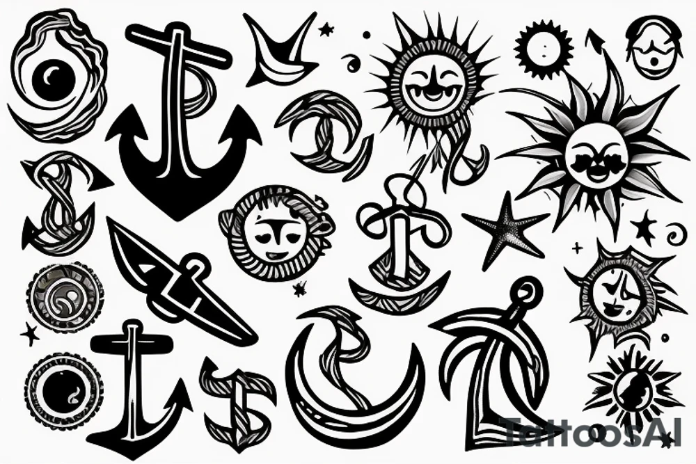 An Anchor, the sun, the moon, the stars, the sea, the wind, the waves tattoo idea